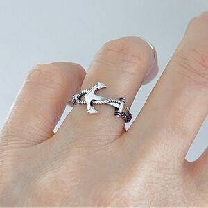 Sterling Silver Anchor Ring with Rope Band, Nautical Rings, Captain Ship, Boats
